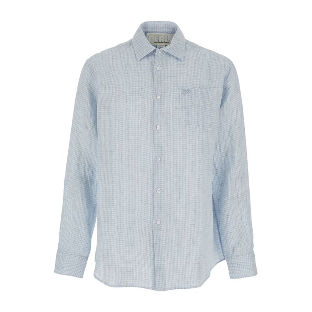 Erl Men Light Blue Long-Sleeved Shirt With Check Motif In Lino Uomo